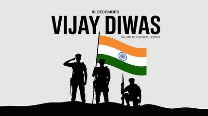 16 December Vijay Diwas – three soldiers silhouettes with waving Indian tricolour, salute to our real heroes