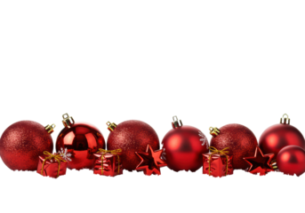 a precise, hyper-realistic macro shot of premium red christmas ornaments and stylized decorations resting on powdery snow against an infinite transparent background with copy space for luxury holiday