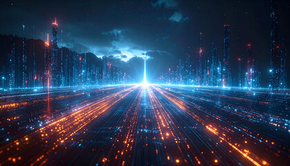 Digital Cityscape - Futuristic Technology and Data Flow Visualization.