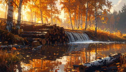 Obraz premium Autumnal Waterfall Scene - Serene Forest Landscape Reflection.