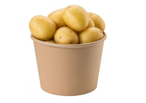 Small yellow potatoes piled high in a brown paper bucket isolated on a transparent background - Powered by Adobe