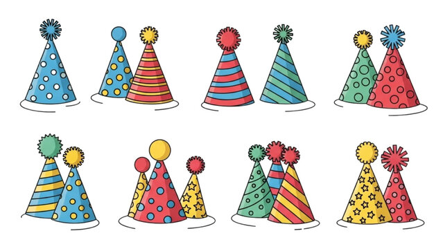 Vibrant collection of festive party hats featuring playful patterns and bright colors for celebrations
