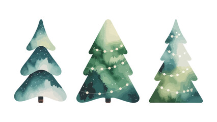 Festive Evergreen Trio: Three stylized evergreen trees, each adorned with a touch of winter's charm, stand in unison. Their forms, accentuated by watercolor-inspired details.