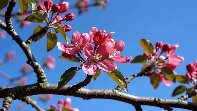Pink crabapple blossoms bloom on a branch against blue sky
