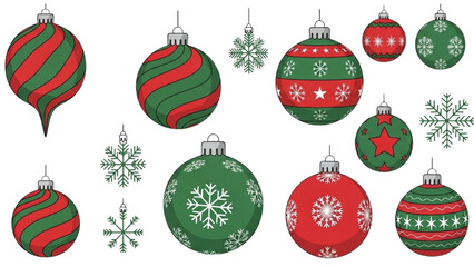 A vibrant collection of festive red and green Christmas ornaments and snowflakes, perfect for holiday decoration and design projects