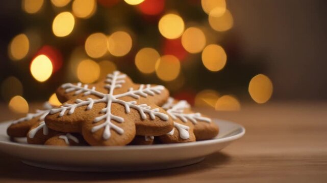Ginger bread cookies with snowflake design placed on wooden table.
