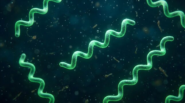 Microscopic view of green spiral bacteria or spirochetes swimming in dark fluid suitable for microbiology infectious disease and medical science education.
