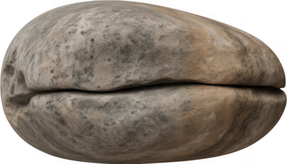 Smooth rounded grey and tan stone with a deep central crevice isolated on a transparent background