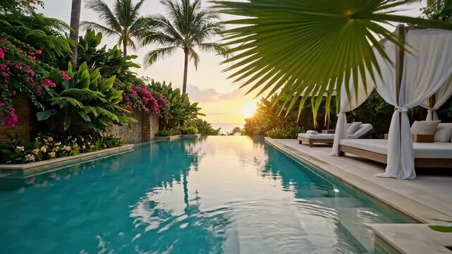 Tropical infinity pool at sunset, lush plants, & a cabana