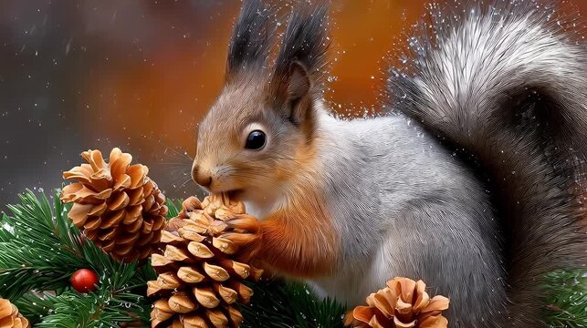 Squirrel with pine cone and foliage