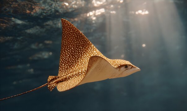 A warm yellow-beige ray, covered in spotted dense dark brown and black speckles, swimming in the deep dark ocean