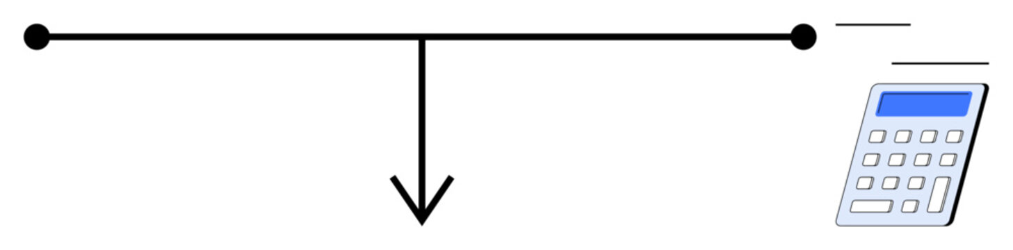 Horizontal lever balanced on two points with downward arrow for force and calculator for calculation. Ideal for physics, mechanics, mathematics, education, problem-solving, equilibrium, simple