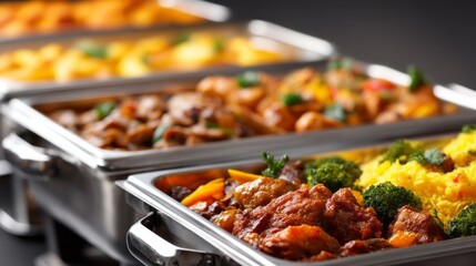 A vibrant buffet display showcases an array of tasty dishes including flavored rice, savory meats, and fresh vegetables. Ideal for festivities and communal dining experiences
