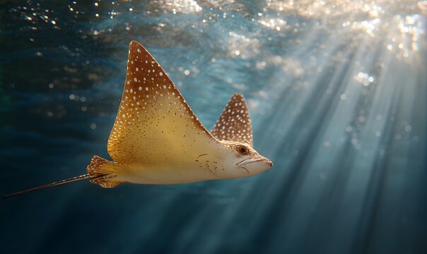 A warm yellow-beige ray, covered in spotted dense dark brown and black speckles, swimming in the deep dark ocean