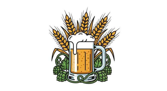 Refreshing beer mug with wheat and hops, craft brewing artwork