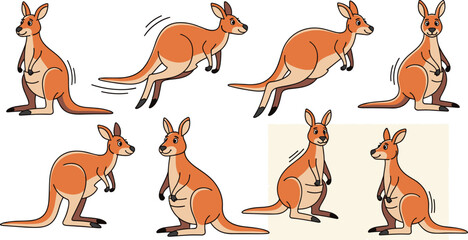 Fototapeta premium Collection of cute kangaroo illustrations isolated on white background set of cartoon kangaroo in different poses vector illustration of a kangaroo