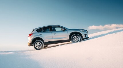 Obraz premium compact crossover on a snowy hill, clear winter sky, visible winter tires, bright simple photography, gentle contrasts