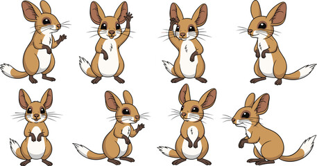 Fototapeta premium Set of cute cartoon jerboa isolated on white background collection of adorable desert rodent characters in different poses vector illustration