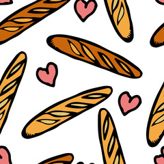 Vector seamless pattern with hand drawn bakery items for cafe decor, food packaging and rustic kitchen design.