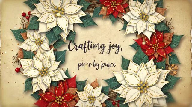 layered paper poinsettias stitched with gold thread assemble into a wreath on aged cardstock
