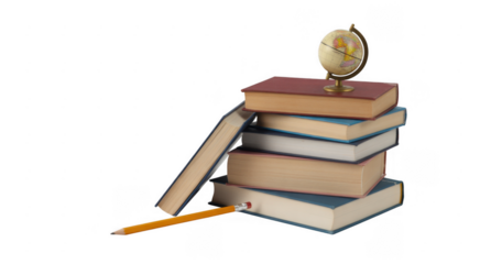 Stack of antique books with a small globe and a pencil isolated on a transparent background