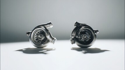 comparison image of a healthy turbocharger and a damaged one with carbon buildup, bright studio light, minimalistic arrangement, clear mechanical