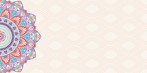 Horizontal color vector mandala banner. Decorative flower mandala background with place for text. Colorful abstract graphics. Arabic, islamic east style. Vector color illustration.