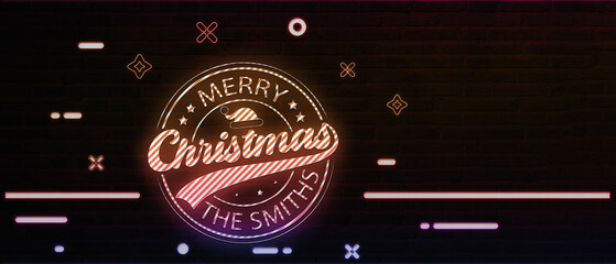 A personalized neon logo featuring Merry Christmas, a Santa hat, and The Smiths, glowing on a dark brick wall