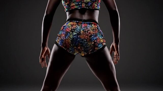 Silhouette of a person in sequined crop top and shorts, posed against a gray backdrop