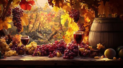 A picture of wine and grapes, perfect for posters, invitations, menus, or websites.  It shows the autumn harvest and tasty food and drinks.
