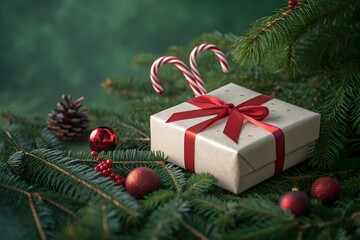 Festive christmas gift box adorned with a red ribbon and candy canes rests on a bed of evergreen branches surrounded by ornaments and pinecones evoking holiday cheer