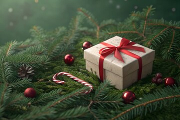 Festive christmas gift box with red ribbon and candy cane nestled amongst lush green fir tree branches with sparkling lights and soft bokeh