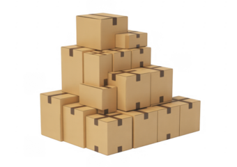 Stack of cardboard moving boxes in various sizes with dark tape seals isolated on a transparent background
