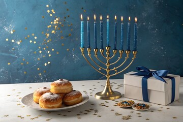 A festive hanukkah scene with a lit menorah sufganiyot donuts dusted with powdered sugar a gift box with a blue ribbon and scattered confetti on a textured blue background