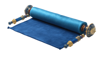 Elegant blue decorative scroll with ornate golden handles partially unrolled on matching cloth surface showing luxurious craftsmanship and cultural design details on white background