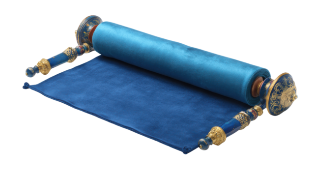 Elegant blue decorative scroll with ornate golden handles partially unrolled on matching cloth surface showing luxurious craftsmanship and cultural design details on white background
