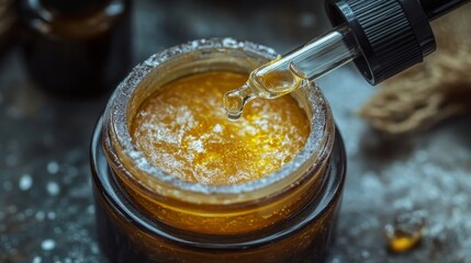 A pretty jar of face cream with a dropper.
