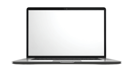 Modern sleek laptop computer displaying blank white screen representing digital workspace technology device mockup template for presentations design and online content on white background