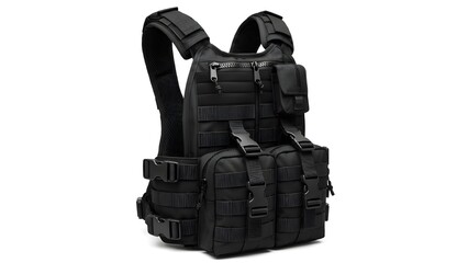 Isolated black tactical vest with multiple pouches and adjustable straps on a white background