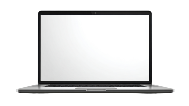 Modern sleek laptop computer displaying blank white screen representing digital workspace technology device mockup template for presentations design and online content on white background