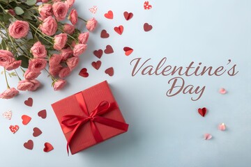 A romantic flat lay composition for valentine s day featuring a red gift box with a ribbon a bouquet of pink roses and scattered heart shaped confetti on a light blue background
