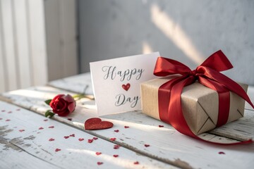 A beautifully wrapped gift box with a large red satin bow sits on a rustic wooden table next to a happy day card and a single red rose creating a romantic and celebratory atmosphere