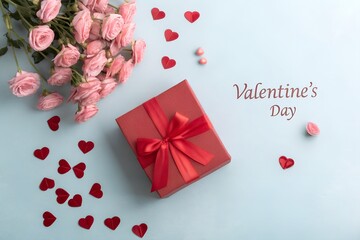 A romantic valentine s day scene with a red gift box tied with a ribbon surrounded by pink roses and scattered red heart confetti on a light blue background