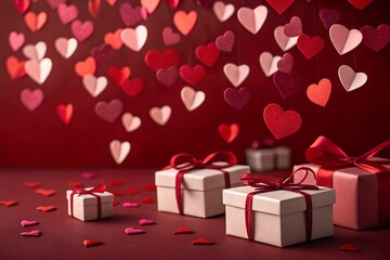 "Valentine’s Day Gift Boxes and Floating Paper Hearts on Red Background"