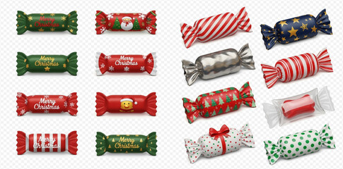 Collection of various festive Christmas candies and sweets with colorful wrappers, featuring holiday designs and patterns.