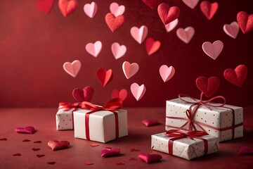 Festive valentine s day scene with falling paper hearts and elegantly wrapped gift boxes adorned with red ribbons set against a rich red background creating a romantic and celebratory atmosphere