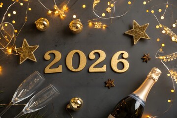 Golden 2026 numbers with champagne bottle and glasses surrounded by sparkling lights and festive decorations for a new year s eve celebration