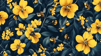 A repeating design of yellow flowers and bees.  It's a digital illustration.

