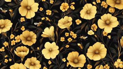 A repeating design of yellow flowers and bees.  It's a digital illustration.
