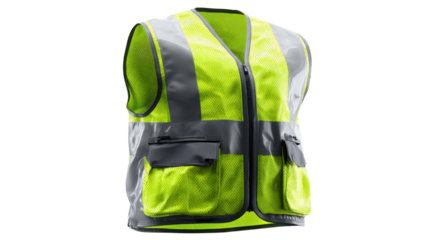 High-visibility reflective safety vest with bright neon fabric, durable pockets, secure zipper closure and protective construction design used for worksite visibility on white background
